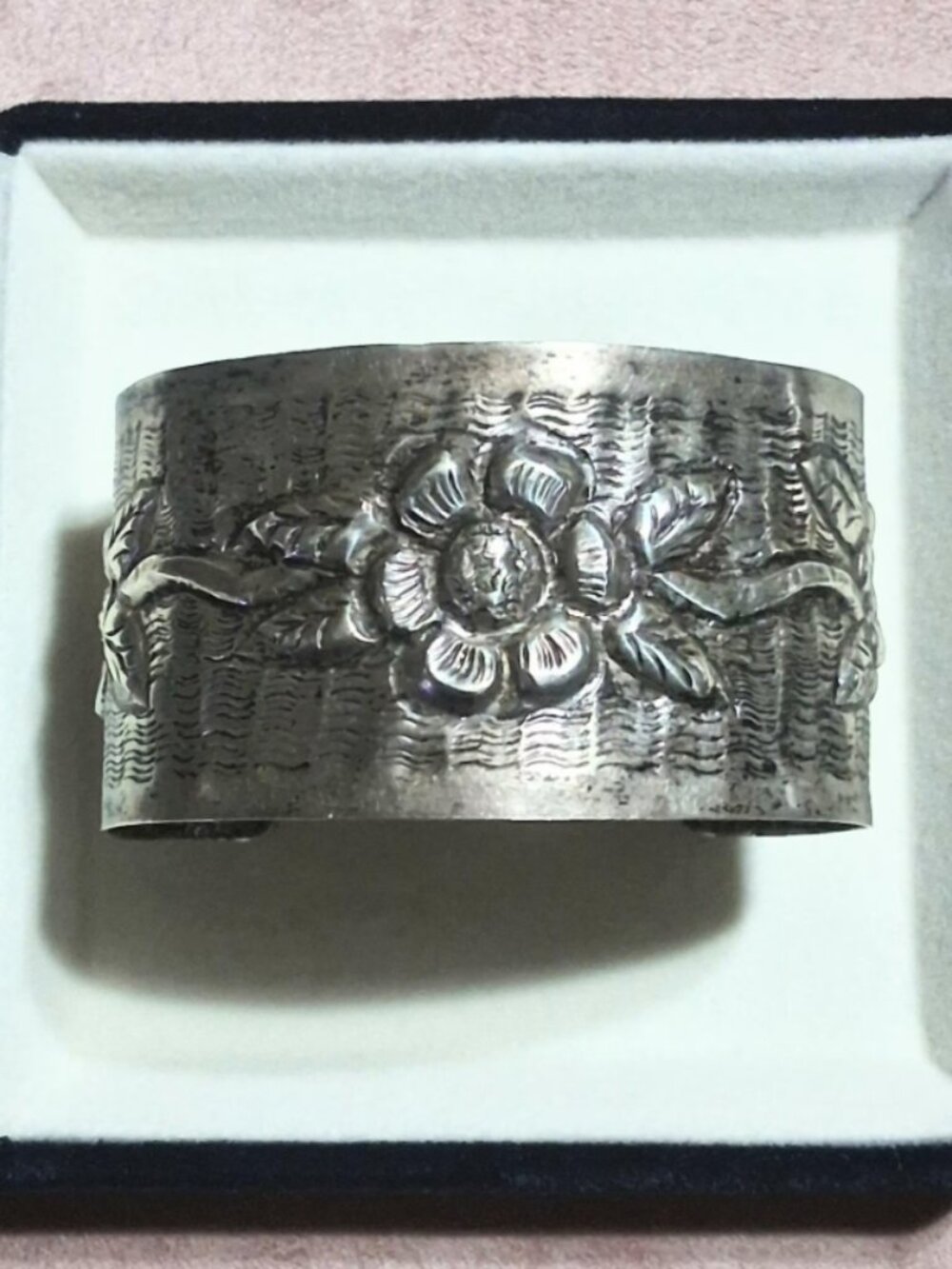 Sterling Silver Wide (1.5 Inch) Floral Repousse Cuff Bracelet Size 7